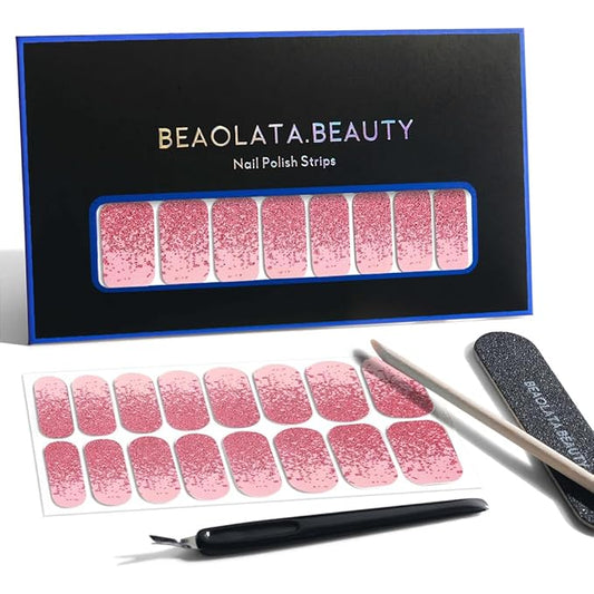 Nail Polish Strips, 32PCS Salon Quality Wraps, Long Lasting Gel Nail Stickers for Women Easy Apply& Remove (Rosy Sparkle Pink)
