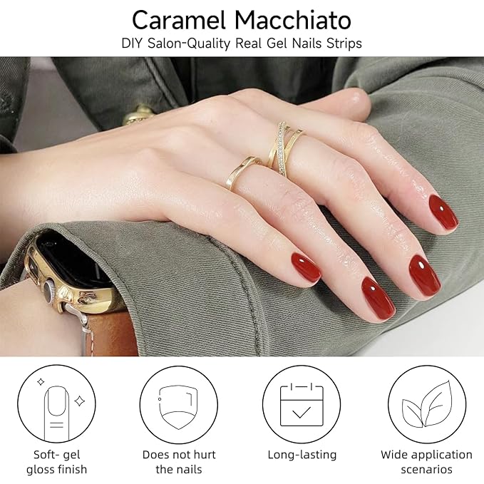 Semi Cured Gel Nail Strip, Caramel Macchiato |28 pcs Gel Nail Strips Work with Any UV Lamp, Salon Quality UV Nails Stickers, Easy to Apply for Home Nails DIY