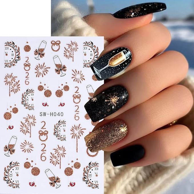 6Pcs Christmas Nail Stickers Red Bow Socks Little Bell Fruit Nail Decals DIY Self Adhesive Santa Claus Gold Tree Fireworks Design Nail Decoration Supplies Holiday Manicure Accessories for Women Girls