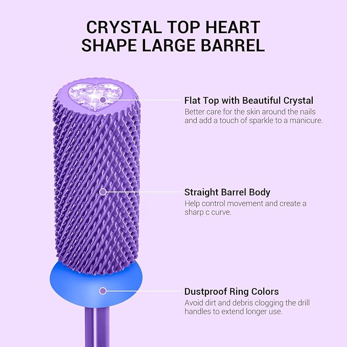 MelodySusie Large Barrel 3/32'' Tungsten Carbide Nail Drill Bit, Crystal Top Purple Heart Shape, Fast Remove Acrylic Gel, Cuticle Gel Polishing for Manicure Pedicure, Purple, Series Bit-S, Medium