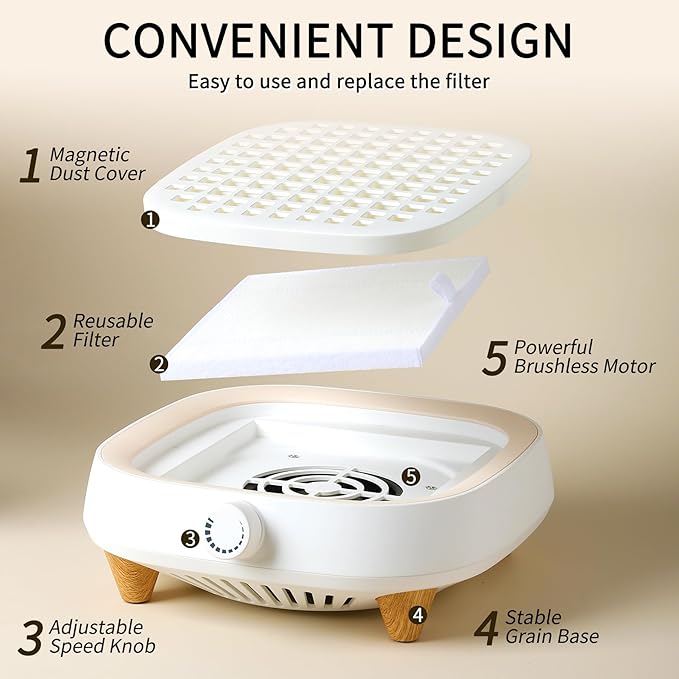 Nail Dust Collector with Reusable Filter, Powerful Brushless Vacuum Nail Dust Collector Extractor Electric Dust Suction Machine for Acrylic Gel Nail, Perfect for Home&Salon Use, Low Noise