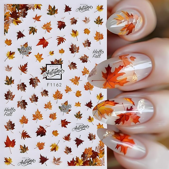 Fall Maple Leaves Nail Art Stickers for Thanksgiving, Maple Leaves Nail Decals 3D Self-Adhesive with Deer Pumpkin Flower Mushroom Design 6Pcs Nail Art Supplies for Women Nail Decoration