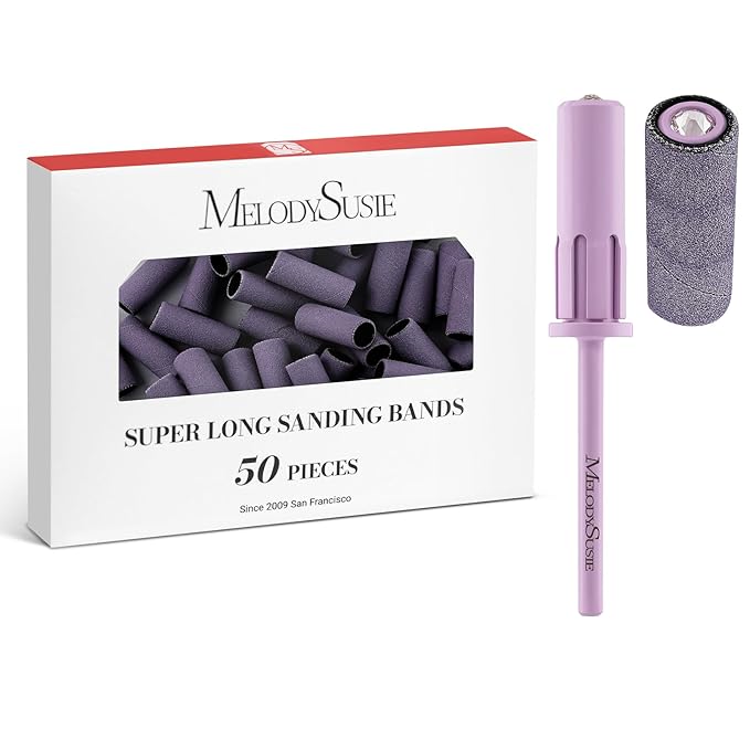 MelodySusie 50 Pcs Nail Drill Bits Super Long Sanding Bands with 6.65mm Crystal Mandrel Bit, 240 Extreme Fine Grit Nail File for Acrylic Nails Gel Manicures and Pedicure, Purple