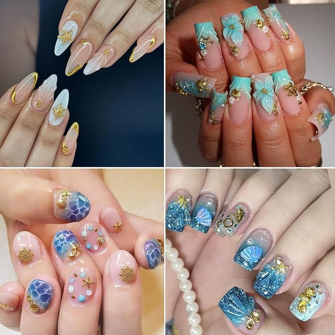 Metal Beach Nail Art Charms 3D Gold Marine Life Nail Charms with Seahorse Shell Starfish Designs Nail Rhinestones for Acrylic Nails Golden Palm Tree Flowers Nail Jewelry for Women Summer Nails Supply