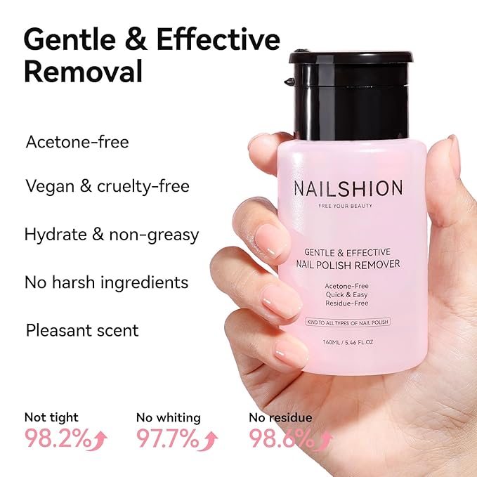 Non-acetone Nail Polish Remover, Cherry Blossom Scent, 3-5s Quick Remove Air Dry Nail Polish, VE Nourish No Drying Out, Refillable One-handed Pump Dispenser, 5.46 Fl oz