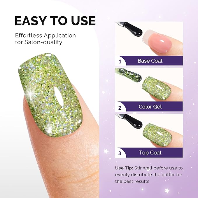MelodySusie Galaliver Glitter Gel Nail Polish, 15ML Sparkly Shimmer Gel Polish Soak Off UV LED Cured Long Lasting Gift for Women DIY Nail Design Nail Art Manicure Elf Green X08