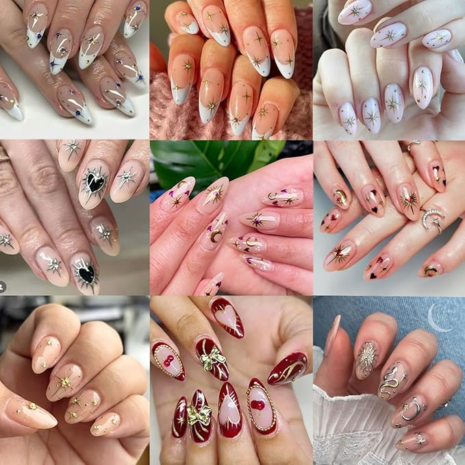 6Pcs Glitter Star Nail Stickers 5D Self Adhesives Rhinestones Design Stars Heart Nail Decals Aurora Gold Silver Red Snake Sun Moon Bow Nail Decoration Metallic Star Nail Art Stickers for Nail Supplies