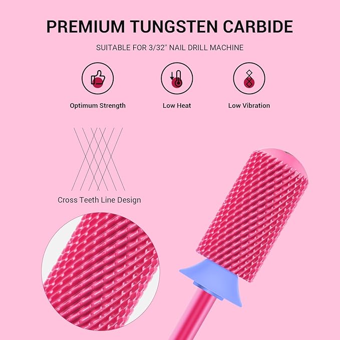 MelodySusie Safety Nail Drill Bits, 3/32'' Smooth Round Top Large Barrel Carbide Bits, Suitable for Manicure Pedicure Cuticle Gel Polishing, Beginners Bits, Pink Blossom, Series Bit-S