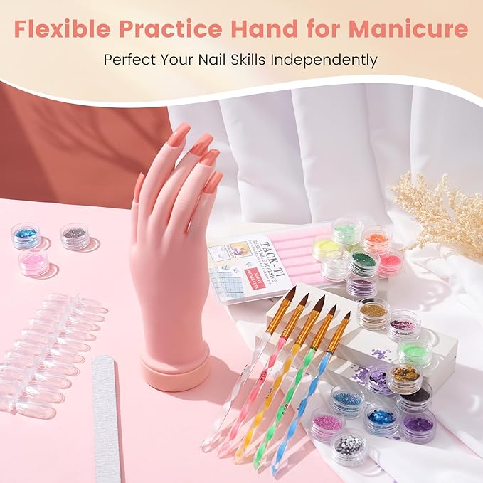 Nail Kit for Beginners with Everything: Practice Nail Hand Acrylic Nail Powder Liquid Set with U V Lamp Drill in Gift Bag for Home Salon(Blue Bag)