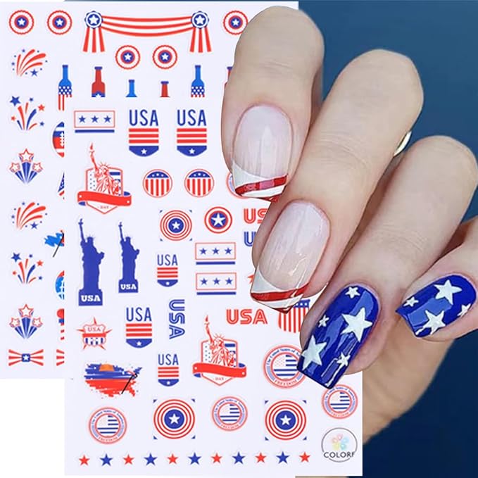 6 Sheets 4th of July Nail Art Stickers 3D Self Adhesive Independence Day Nail Stickers American Flag Patriotic Design Sticker Supplies Pegatinas Uñas Firework Nail Sticker for Women Acrylic Manicure