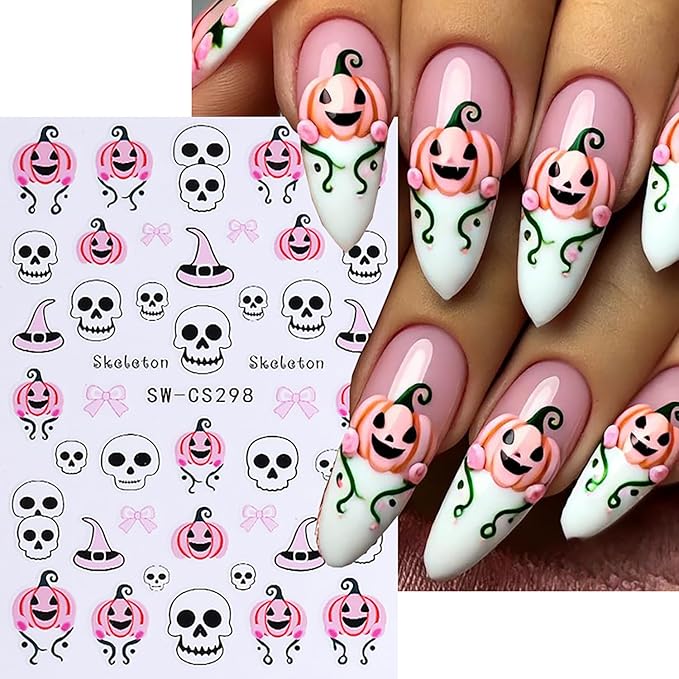 Halloween Nail Art Stickers 6 Sheets Halloween Nail Decals 3D Self Adhesive Cute Nail Stickers Ghost Pumpkin Bat Skull Pattern DIY Manicure Supplies Hallowee Nail Decorations for Women Girls