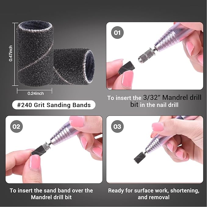 MelodySusie 100 Pcs Nail Drill Bits Sanding Bands for Nail Drill 240 Extreme Fine Grit Nail File Sanding Bands for Acrylic Nails Gel Manicures and Pedicure