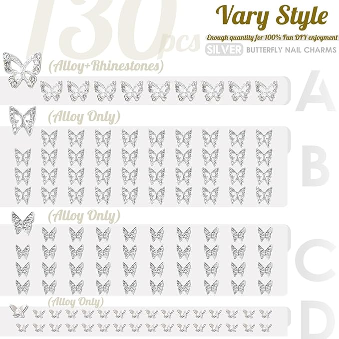 130pcs Silver 3D Butterfly Nail Charms, 10pcs Rhinestones, 120pcs Alloy Studs, Nail Art Jewels, DIY Crafts