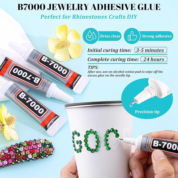 6100Pcs Resin Rhinestones for Crafting with 2Pcs 10ml B7000 Jewelry Glue, 1 Box Flatback Crystals Diamond (Emerald Green) for Bedazzling Crafts DIY Nail Art Non Hotfix Gems for Clothing Shoes