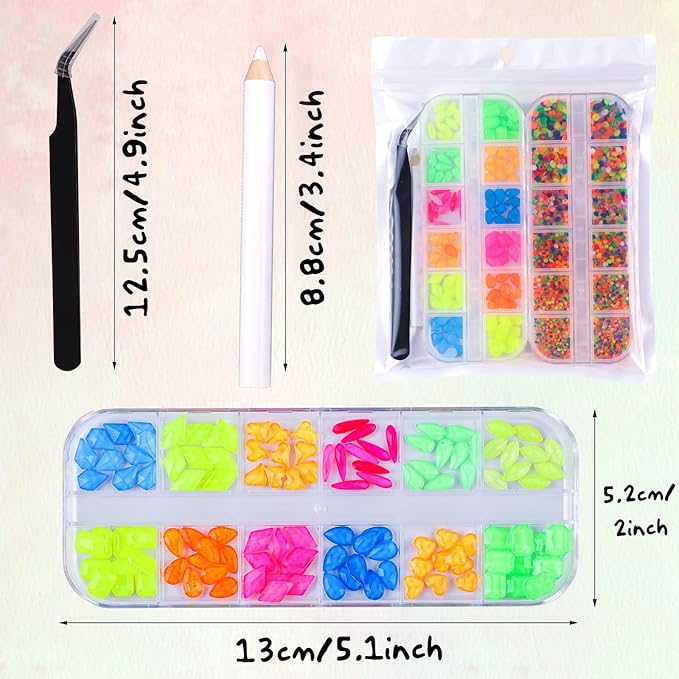 3120Pcs Diamond Nails Rhinestones for Nail Art, HOINCO Colorful Fluorescence Rhinestones for Nails, Multi Shapes Clear AB Flat Back Gemstones for Women Nail Art DIY Craft Jewelry with Tweezers and Pen