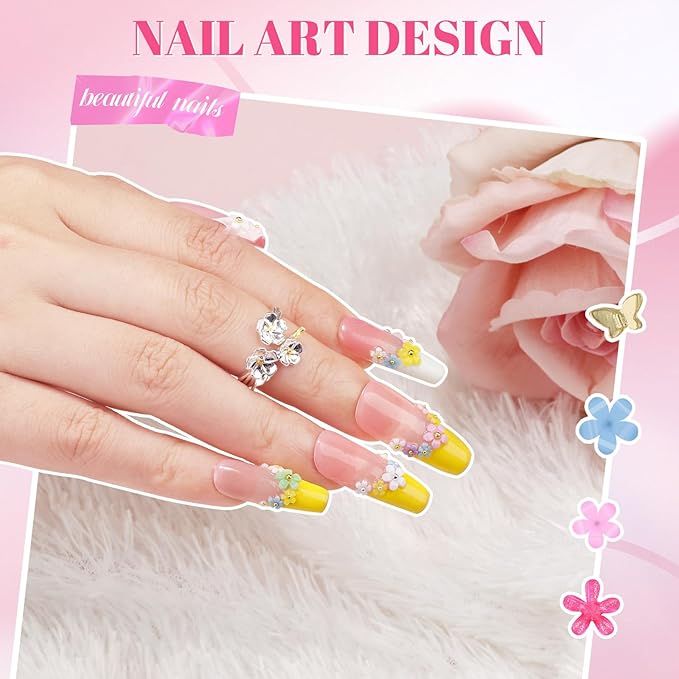 3 Boxes 3D Flower Nail Charms and Gems - Colorful Nail Flower & Metal Butterfly Charms Clear Rhinestones Gemstones Silver/Gold Caviar Beads White Pearls with Nail Chain for DIY Nails (14-S3-Mixed3)