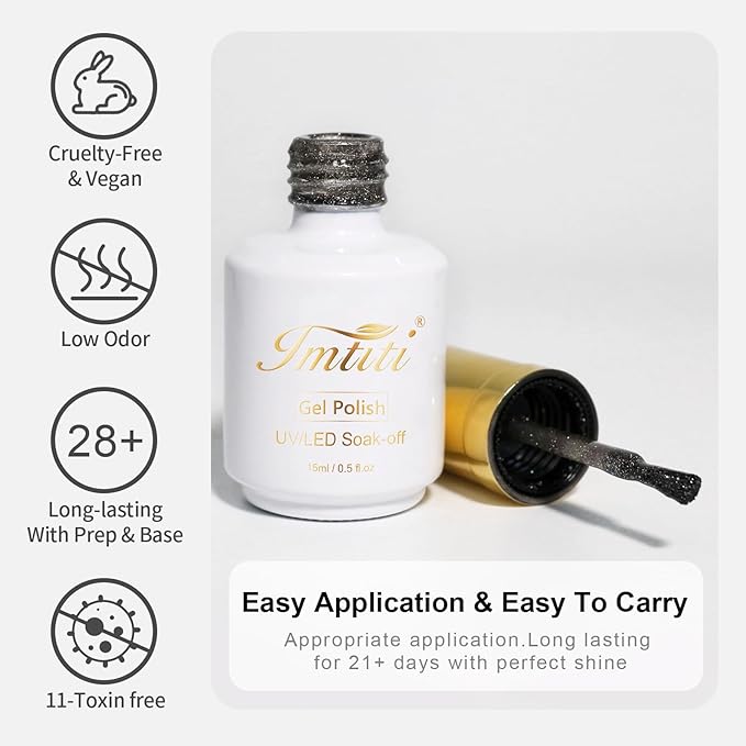 Imtiti Gel Nail Polish Sheer Glitter Black 3 in 1 One Step Color Soak Off UV LED Spring Summer Art Starter Manicure Salon DIY at Home, 0.5 Fl Oz