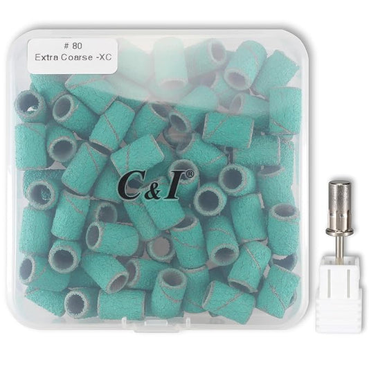 C & I Nail Sanding Bands 100 PCS Plus Upgrade Mandrel 1 PC, Nail Drill Bits for Acrylic Gel Nails Remove, Natural Nails Buffer for Nail Prep and Nail Shiner (Green, #80 Extra Coarse)