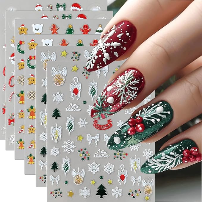 6Pcs Christmas Nail Stickers 5D Christmas Tree Snowball Nail Stickers for Nail Art Santa Claus DIY Self Adhesive Cute Bow Gingerbread Man Nail Decals Snowflake Nail Decoration Supplies for Women