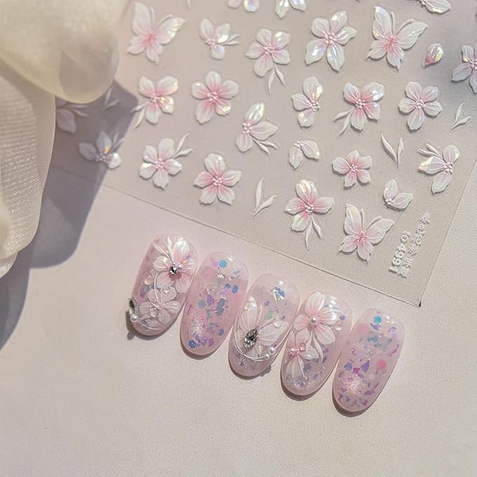 1 Sheet of Pink Flower Nail Stickers, Aurora Gradient Floral Nail Art Stickers, 5D Embossed Self-Adhesive Nail Decals for Women DIY Spring Floral Manicure Decoration Supplies