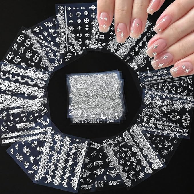 30 Sheets Silver Nail Sticker Silver Lace Nail Art Stickers Silver Retro Flower Star Moon Heart Cat Design 3D Self-Adhesive Nail Sticker Decals Nail Supplies for Women Girls DIY Nail Art Decoratio