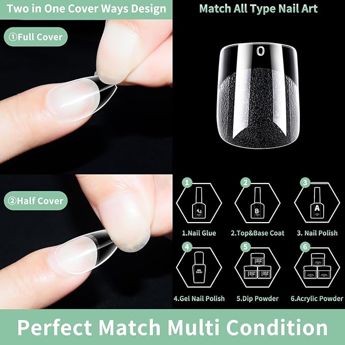 Extra Short Square Nail Tips, 216pcs Acrylic Soft Fake Nails Gel Nail Tips, Full Cover Pre-Shaped Matte Clear Press on Nails for Extension, Diy at Home Manicure 12 Sizes