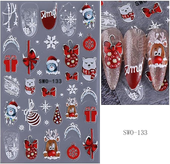 2Pcs Christmas Nail Stickers Snowflake Decals for Nail Art Red Bow Nail Design 5D Embossed Christmas Gift Nails Art Supplies Fawn Pine Tree Nails Accessories for Women DIY Manicure Art Decoration