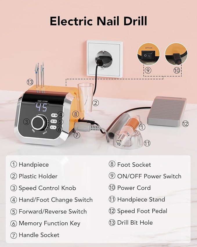 Professional Nail Drill with Foot Pedal, Nail E File 45000 RPM Speed, Electric Nail Filer for Acrylic Nails, F/R Rotation, 65W Power, Quite Nail Drill Machine for Women Orange