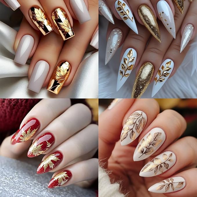 8 Sheets Bronzing Fall Nail Art Stickers Decals 3D Self-Adhesive Laser Gold White Leaves Flowers Nail Decals Autumn Maple Leaf Nails Design Stickers Thanksgiving Nail Art Supplies for Women