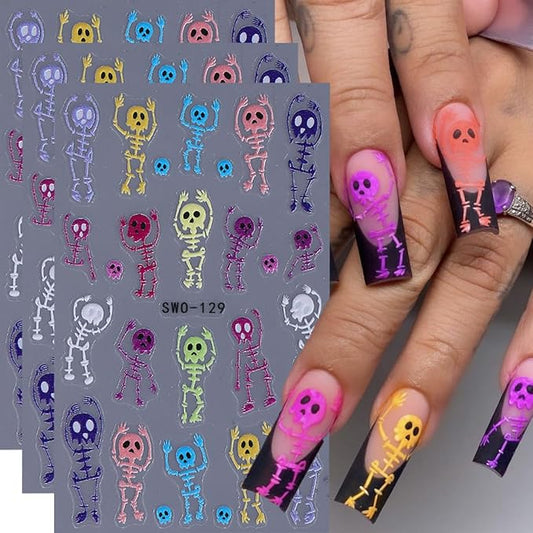 Halloween Nail Art Stickers Decals 5D Embossed Skeleton Nail Stickers 3PCS Rainbow Color Skull Skeleton Halloween Nails Design Adhesive Sticker Manicure Sliders for Women Holiday Nail Art Decorations