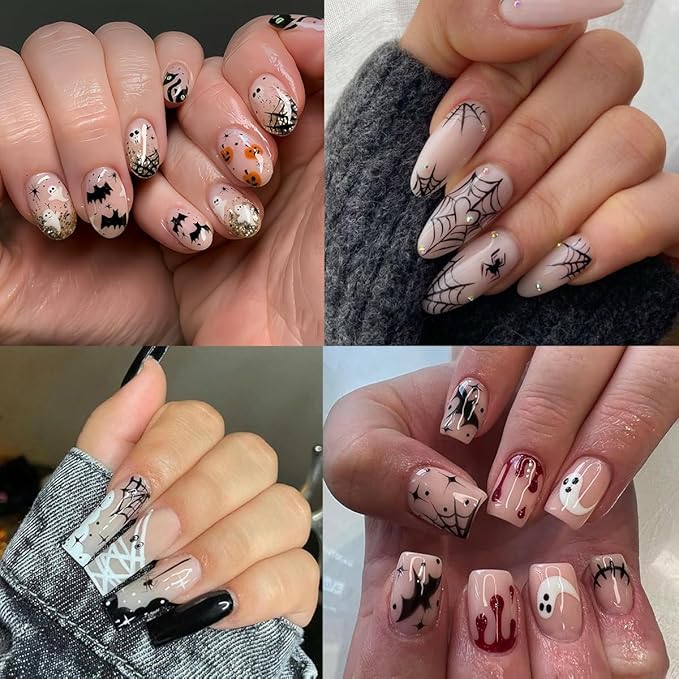 6 Sheets Halloween Bat Spiders Nail Art Stickers Black White Ghost Nail Decals Pumpkin Spider Web Skull Design Goth Nails Sticker Halloween Nails Decoration for Women DIY Holiday Manicure Supplies