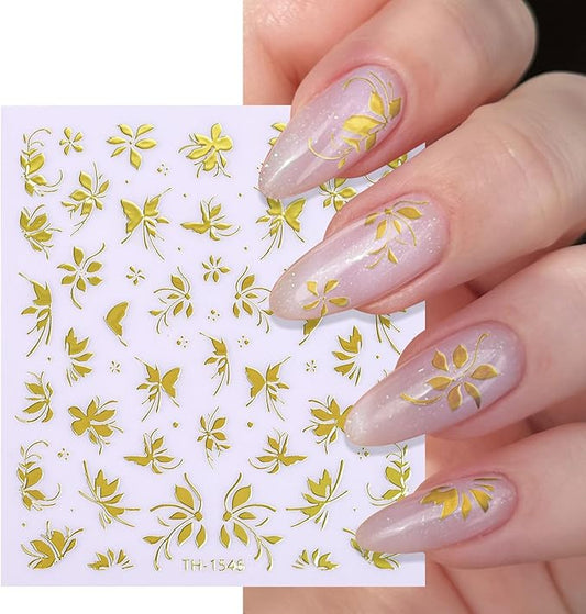 Gold Flower Nail Stickers for Nail Art, Nail Stickers Decals 3D Self Adhesive Floral Nails Sticker for Women Nails Art Sticker Decoration