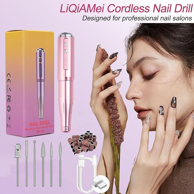 Nail Drill and Dremel - 7-in-1 Portable USB-Powered Nail Care Set with 20000RPM Speed for Gel, Dip Powder, Manicure, Pedicure, Shaping & Polishing, in Elegant Purple (Pink)
