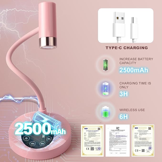 AORAEM UV LED Nail Lamp, Rechargeable Gooseneck Lamp for Gel Nails 12W Quick Dry LED Nail Light Nail Dryer with 4 Timers & Auto Sensor, Professional Flash Cure Light for Gel Nails Home DIY Pink