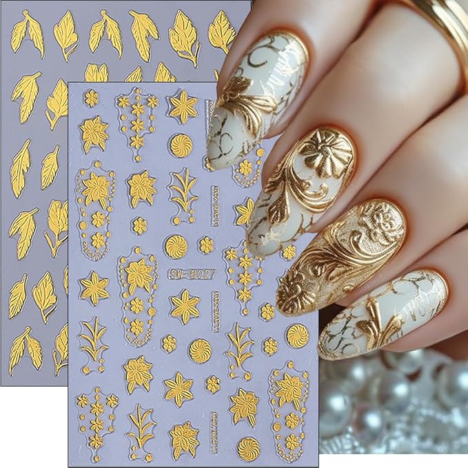 8 Sheets Gold Leaf Nail Stickers Autumn Leaves Nail Decals 3D Thanksgiving Design Fall Nail Art Stickers Gold Flower Vines Snowflake Nail Decoration Accessories for Women DIY Acrylic Nails Salon