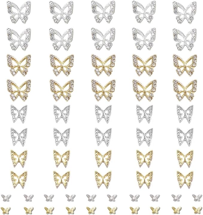 Butterfly Nail Charms, 60pcs 3D Golden Silver Butterfly Charms for Acrylic Nails, 20 Butterflies Nail Rhinestones Gems Charms +40 Alloy Studs, Nail Art Crystals Diamonds Decor Supplies for Nails DIY