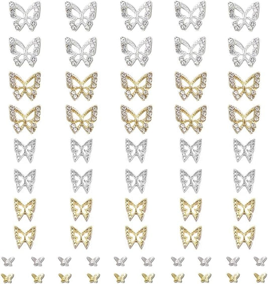 Butterfly Nail Charms, 60pcs 3D Golden Silver Butterfly Charms for Acrylic Nails, 20 Butterflies Nail Rhinestones Gems Charms +40 Alloy Studs, Nail Art Crystals Diamonds Decor Supplies for Nails DIY