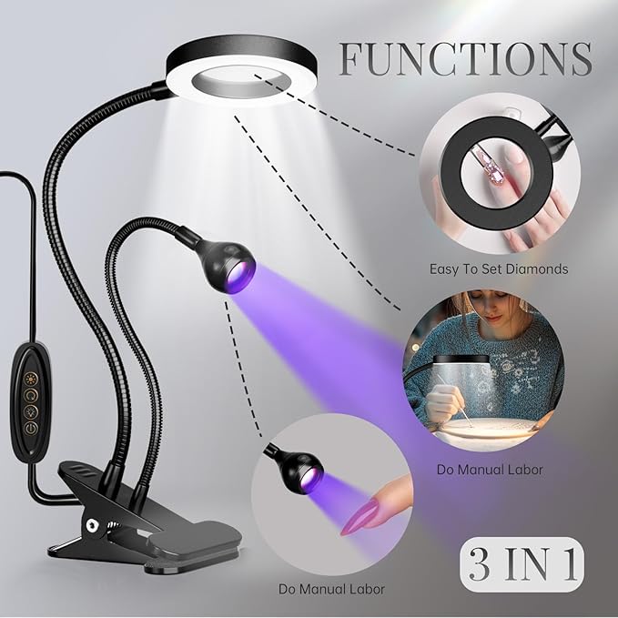 krofaue UV Nail Lamp - Flash Cure Lamp Dual-Light UV Light with 6× Magnifier 4-Levels Brightness Nail Dryer for Regular Polish, Desk Clip Salon-Perfect Manicures at Home Black