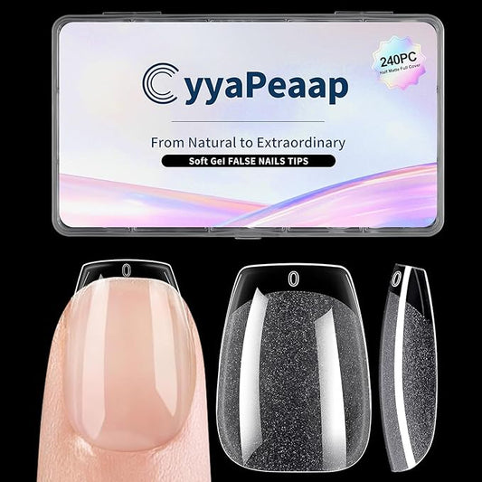 Extra Short Coffin Nail Tips, 240Pcs Soft Gel Nails, Half Matte Full Cover False Nail Tips for Nail Extension, Manicure, Home DIY, Salon, 12 Sizes, Pre-Shaped Acrylic Gelly Nails