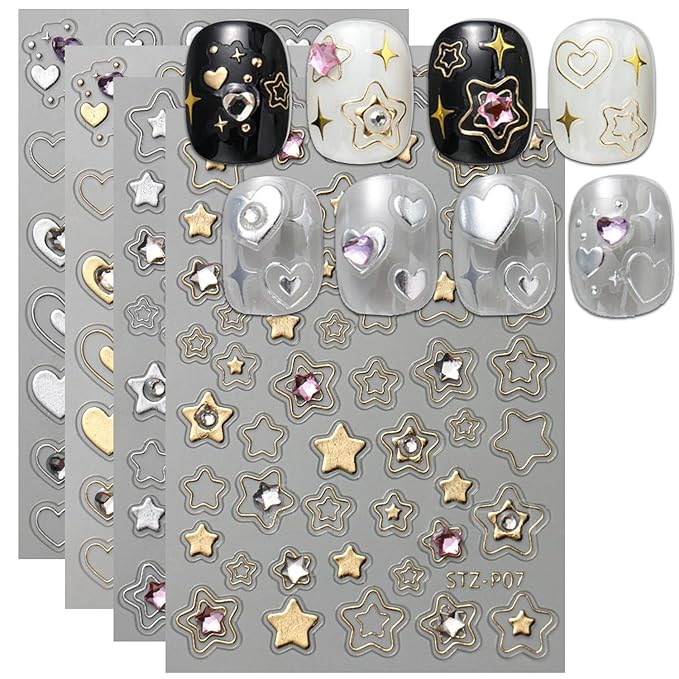 Heart Star Nail Art Stickers Decals, Gold Silver Nail Stickers,Shiny Hollow Love Stars with Diamond Nail Sticker 3D Kawaii DIY Crafts Acrylic Nails Decor for Women Nail Art Supplies 4PCS