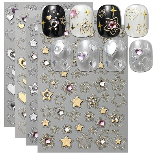 Heart Star Nail Art Stickers Decals, Gold Silver Nail Stickers,Shiny Hollow Love Stars with Diamond Nail Sticker 3D Kawaii DIY Crafts Acrylic Nails Decor for Women Nail Art Supplies 4PCS