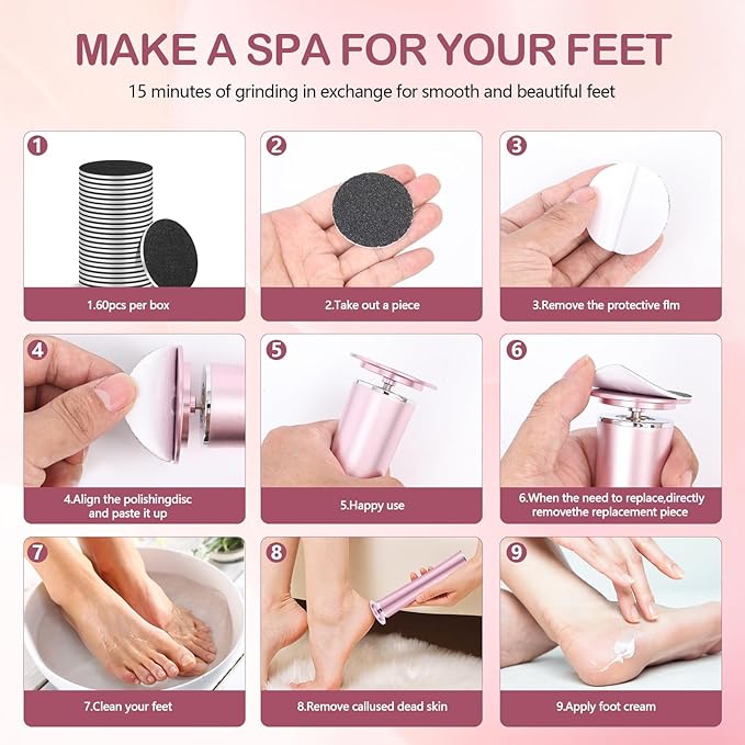 Cordless Electric Foot Callus Remover,Rechargeable Grinder Tool for Feet Dead Skin,Professional Pedicure File Heel Sander with 60pcs Replacement Sandpaper Pads(Pink)