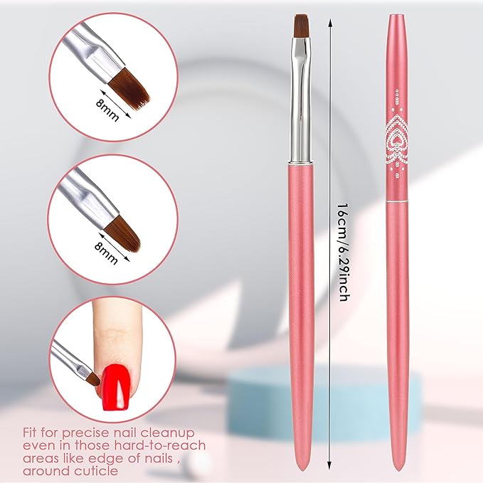 cobee Nail Clean Up Brush, 2PCS Nail Art Clean Up Brushes Nail Painting Brushes Nail Remover Brush Nail Pen Painting Tools for Nail Art Design Manicure Mistake Cleaning(Round, Angled, Rose Red)