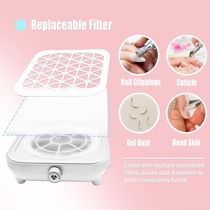 JAYWAYNE Nail Dust Collector for Nail Tech Powerful Nail Vacuum Cleaner with Stepless Speed Control and Disposable Filter Nail Fan Dust Collector Suitable for Acrylic Nails, Nail Salons and DIY
