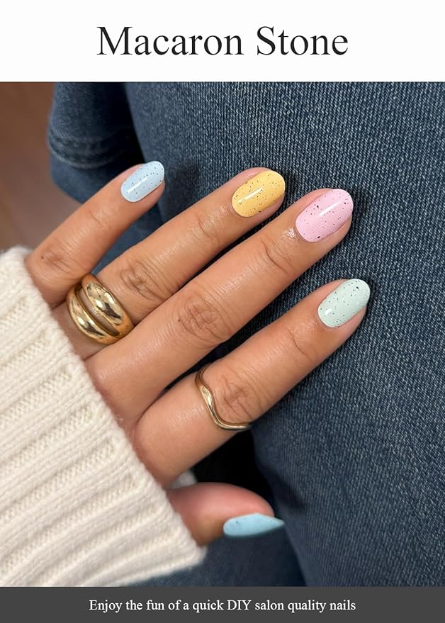 Semi Cured Gel Nail Strips (Macaron Stone), 20 Pcs Gel Nail Wraps, Stickers, UV Light Required, Salon Quality, Long Lasting