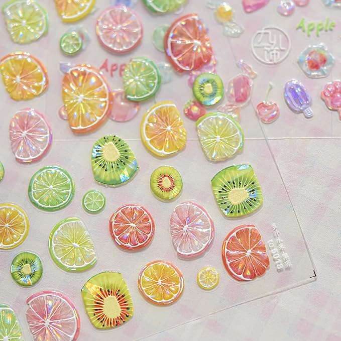 5D Embossed Colorful Fruit Nail Art Stickers Decals Summer Nail Stickers Self-Adhesive Orange Lemon Grapefruit Kiwifruit Exquisite Design Summer Nails Sticker Manicure Supplies for Women DIY Nails