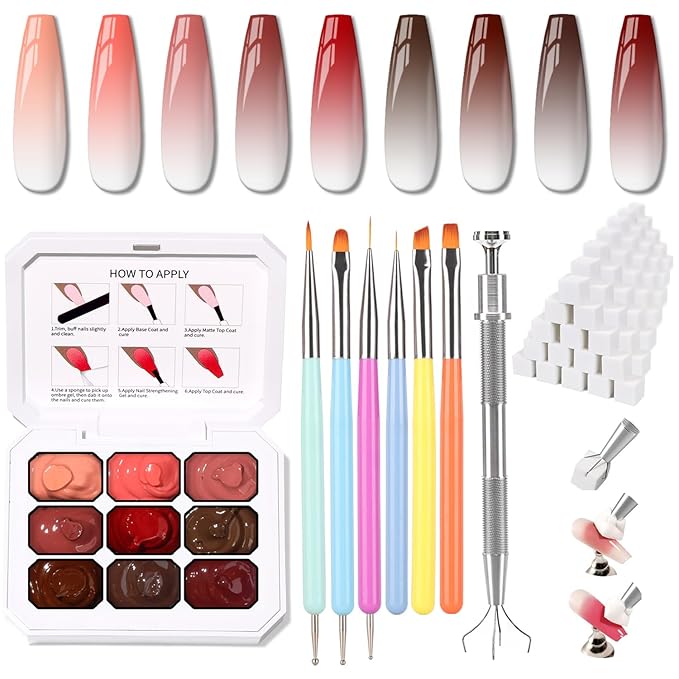 Sponge Pat Paint Nail Gel & Tools Kit, 9 Colors Ombre Nails Gradient Gel Nail Blush Blooming Aura Nails Drawing Stripper Floral Painting Nail Art, No Wipe, UV/LED Curing (9 Colors Set E)