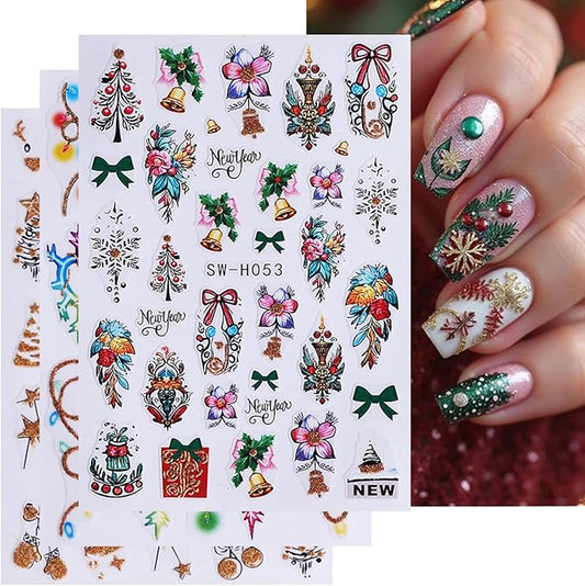 3 Sheets Christmas Nail Art Stickers Flower Nail Decals with Xmas Tree Elk Colored Light Snowflakes Design 3D Self-Adhesive Nail Stickers Acrylic Nail Supplies for Women DIY Christmas Decorations