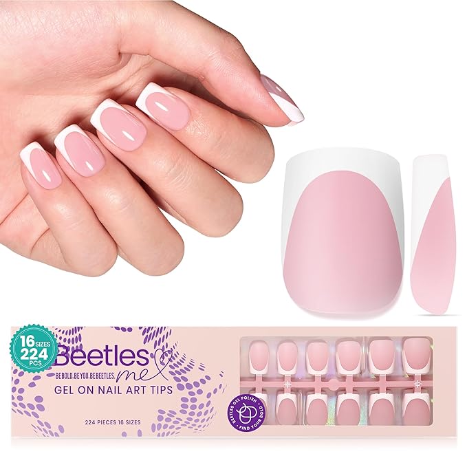Beetles X Press Plus French Tip Nails - Camellia French | Pink Short Square Press On Nails | 16 Sizes 224 Pcs Natural Salon Quality Gel Nail Tips