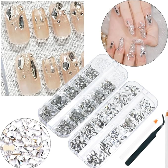 2680Pcs White Nails Rhinestones, 120Pcs Big Silver White Diamond Nail Gem Stones Charms with K9 Bling Flatback Round Beads, Clear Crystal Glass Jewelry for Nails Art Faces Eyes Makeup Decoration
